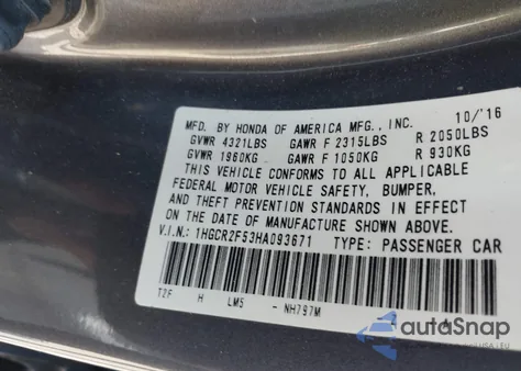 2017 Honda Accord Sport из США, поврежденный, VIN 1HGCR2F53HA093671